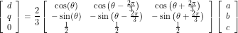\[\left[\begin{array}{l}d \\ q \\ 0\end{array}\right]=\frac{2}{3}\left[\begin{array}{ccc}\cos (\theta) & \cos \left(\theta-\frac{2 \pi}{3}\right) & \cos \left(\theta+\frac{2 \pi}{3}\right) \\-\sin (\theta) & -\sin \left(\theta-\frac{2 \pi}{3}\right) & -\sin \left(\theta+\frac{2 \pi}{3}\right) \\ \frac{1}{2} & \frac{1}{2} & \frac{1}{2}\end{array}\right]\left[\begin{array}{l}a \\ b \\ c\end{array}\right]\]