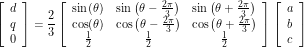 \[\left[\begin{array}{l}d \\ q \\ 0\end{array}\right]=\frac{2}{3}\left[\begin{array}{ccc}\sin(\theta) & \sin\left(\theta-\frac{2 \pi}{3}\right) & \sin\left(\theta+\frac{2 \pi}{3}\right) \\\cos(\theta) & \cos\left(\theta-\frac{2 \pi}{3}\right) & \cos\left(\theta+\frac{2 \pi}{3}\right) \\ \frac{1}{2} & \frac{1}{2} & \frac{1}{2}\end{array}\right]\left[\begin{array}{l}a \\ b \\ c\end{array}\right]\]