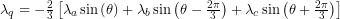 \lambda_q= & -\frac{2}{3}\left[\lambda_a \sin \left(\theta\right)+\lambda_b \sin \left(\theta-\frac{2 \pi}{3}\right)+\lambda_c \sin \left(\theta+\frac{2 \pi}{3}\right)\right]